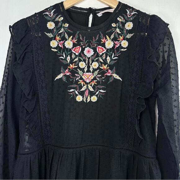 Zara Dotted Mesh Beaded Floral Embroidered Mini Dress with Ruffle - Picture 2 of 6